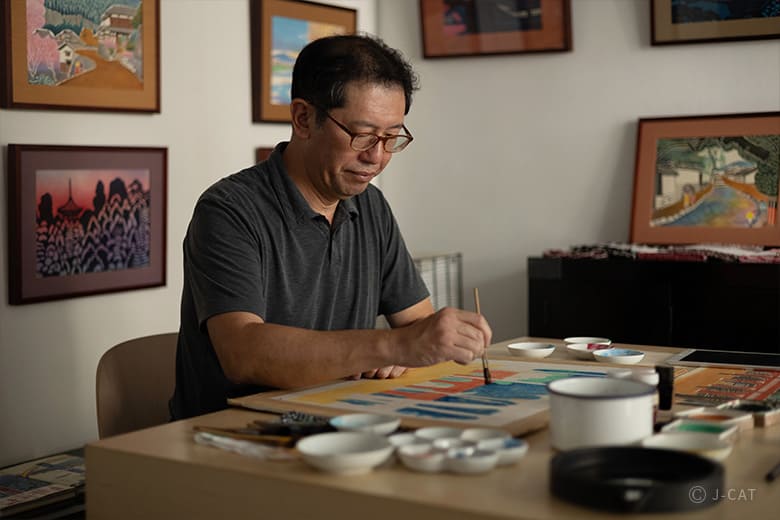 京都「無鄰菴」で型絵染作家・伊砂正幸氏と浮世絵モチーフの型絵染を描く