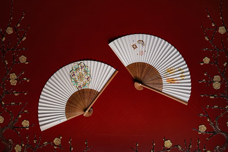 京焼　扇子絵蓋物　五客　総手描き　料理屋　梅に鶯　お洒落な器　アンティーク 京都「大西常商店」京扇子の老舗で伝統柄の絵付け体験